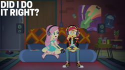 Size: 1920x1080 | Tagged: safe, edit, edited screencap, editor:quoterific, screencap, fluttershy, sunset shimmer, human, equestria girls, g4, game stream, my little pony equestria girls: better together, controller, converse, couch, duo, duo female, female, gamer sunset, headphones, headset mic, looking at someone, open mouth, open smile, pinpoint eyes, shocked, shocked expression, shoes, smiling