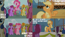 Size: 2000x1125 | Tagged: safe, edit, edited screencap, editor:quoterific, screencap, applejack, berry punch, berryshine, bon bon, carrot top, cherry berry, daisy, flower wishes, golden harvest, linky, pinkie pie, shoeshine, sweetie drops, written script, earth pony, pony, g4, the last roundup, applejack's hat, background pony, background pony audience, cowboy hat, excited, eyes closed, female, freckles, frown, grin, hat, head tilt, jumping, male, mare, open mouth, open smile, smiling, stallion