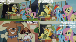 Size: 2000x1125 | Tagged: safe, edit, edited screencap, editor:quoterific, screencap, daring do, fluttershy, rainbow dash, teddie safari, dog, orthros, pegasus, pony, g4, season 4, trade ya!, bone, book, clothes, daring do book, drool, eyes closed, female, floppy ears, grin, gritted teeth, hat, mare, multiple heads, open mouth, pointing, rainbow dash is best facemaker, safari hat, shocked, smiling, teeth, two heads