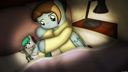 Size: 1920x1080 | Tagged: safe, artist:99999999000, oc, oc only, oc:chen lifan, oc:li anna, lizard, pegasus, pony, bed, clothes, desk lamp, female, filly, foal, glasses, lying down, mother, mother and child, mother and daughter, on bed, pegasus oc