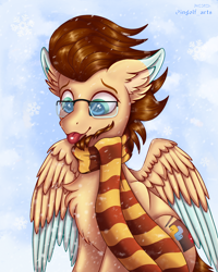 Size: 2700x3375 | Tagged: safe, artist:ingolf arts, oc, oc only, oc:ingolf, pegasus, pony, :p, clothes, cute, ear fluff, facial hair, glasses, high res, male, pegasus oc, scarf, snow, snowfall, solo, stallion, striped scarf, tongue out, wings