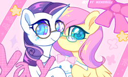Size: 1136x680 | Tagged: safe, artist:memengla, fluttershy, rarity, pegasus, pony, unicorn, abstract background, bust, duo, female, flarity, folded wings, glasses, lesbian, looking at you, round glasses, shipping, smiling, smiling at you, wings, yay