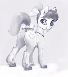 Size: 1410x1600 | Tagged: safe, artist:ponsce, posey bloom, earth pony, pony, g5, :p, adoraposey, bow, butt, cute, female, hair bow, jewelry, looking at you, looking back, looking back at you, mare, monochrome, necklace, plot, ponytail, smiling, solo, tail, tail bow, tongue out, unshorn fetlocks