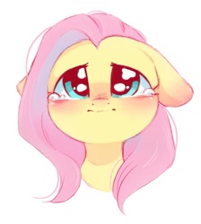 Size: 861x963 | Tagged: safe, artist:melodylibris, fluttershy, pegasus, pony, g4, blushing, bust, crying, cute, ear blush, female, floppy ears, front view, full face view, mare, portrait, sad, sadorable, shyabetes, simple background, solo, teary eyes, white background