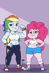 Size: 730x1094 | Tagged: safe, artist:tmntsam, pinkie pie, rainbow dash, human, equestria girls, g4, clothes, converse, duo, duo female, equestria girls toon, fat, female, flexing, midriff, muscles, pudgy pie, rainbuff dash, shoes, short, tank top, vein, vein bulge