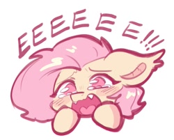 Size: 797x641 | Tagged: safe, artist:oofycolorful, fluttershy, bat pony, pony, g4, adorable distress, amogus, amogus eyes, among us, bat ponified, blush sticker, blushing, cute, cute little fangs, eeee, fangs, flutterbat, meme, open mouth, race swap, shyabetes, simple background, solo, teary eyes, white background