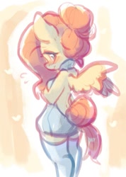 Size: 517x726 | Tagged: safe, artist:oofycolorful, fluttershy, pegasus, anthro, g4, alternate hairstyle, backless, blushing, clothes, embarrassed, female, looking at you, looking back, looking back at you, open-back sweater, sleeveless sweater, socks, solo, spread wings, sweater, thigh highs, virgin killer sweater, wavy mouth, wings