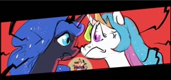 Size: 1018x478 | Tagged: safe, artist:haku nichiya, princess celestia, princess luna, twilight sparkle, alicorn, pony, unicorn, g4, cross-popping veins, crown, emanata, frown, jewelry, looking at each other, looking at someone, nose to nose, regalia, sibling rivalry, trio