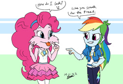 Size: 1024x700 | Tagged: safe, artist:tmntsam, pinkie pie, rainbow dash, human, equestria girls, g4, :p, beard, cheek fluff, dialogue, duo, duo female, facial hair, female, fur, furry human, moustache, speech bubble, the lorax, tongue out