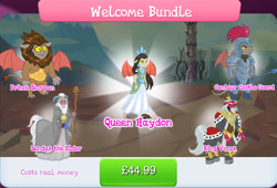 Size: 1270x862 | Tagged: safe, gameloft, idw, king vorak, queen haydon, scorpan, sendak the elder, centaur, gargoyle, taur, g4, my little pony: magic princess, spoiler:comic, armor, cloak, clothes, costs real money, crown, dress, ear piercing, earring, english, female, gargoyle guard, group, guard, helmet, horns, idw showified, jewelry, male, mobile game, necklace, numbers, piercing, regalia, sale, scorpan's necklace, spear, staff, tail, text, tirek's family, unnamed character, unnamed gargoyle, weapon, wings, younger
