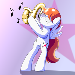 Size: 3000x3000 | Tagged: safe, artist:trackheadtherobopony, oc, oc:jazz, pegasus, pony, high res, music notes, musical instrument, pegasus oc, playing instrument, saxophone, solo, stars