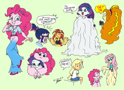 Size: 1024x745 | Tagged: safe, artist:tmntsam, adagio dazzle, applejack, fluttershy, pinkie pie, rarity, sci-twi, sunset shimmer, twilight sparkle, human, equestria girls, g4, bottomless, cheek fluff, clothes, female, furry human, gun, hair dye, hairity, height difference, hug, impossibly long hair, nudity, partial nudity, shrug, weapon