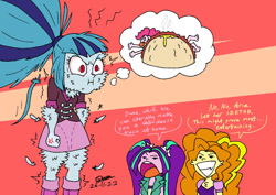Size: 1024x724 | Tagged: safe, artist:tmntsam, adagio dazzle, aria blaze, pinkie pie, sonata dusk, human, equestria girls, g4, abuse, angry, cross-popping veins, dialogue, emanata, feather, fluffy, food, furry human, grin, pinkiebuse, puffy cheeks, smiling, sonataco, taco, the dazzlings, thought bubble