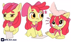 Size: 3500x2084 | Tagged: safe, artist:fd, apple bloom, earth pony, human, pony, g4, :t, adorabloom, beanbrows, bowtie, cute, emanata, eyebrows, female, filly, foal, hand, hand on head, high res, paper, solo