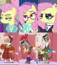 Size: 2732x3072 | Tagged: safe, edit, edited screencap, screencap, discord, fluttershy, discordant harmony, fake it 'til you make it, g4, accessory, alternate clothes, alternate hairstyle, ascot, braid, cane, carpet, clothes, cropped, curtains, dapper, discord gets all the fluttershies, discord viii, dress, ear piercing, earring, eyeshadow, fashion, female, fluttergoth, gangsta, glasses, hair bun, hat, henry viii, high res, hipstershy, jewelry, leggings, makeup, male, medallion, pants, piercing, scarf, severeshy, ship:discoshy, shipping, shipping domino, shoes, straight, suit, sunglasses, underwear, waistband, watch, wig