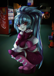 Size: 627x885 | Tagged: safe, artist:granatty, sonata dusk, human, equestria girls, g4, boots, clothes, coca-cola, disguise, disguised siren, lips, looking at you, ponytail, shoes, smiling, solo, squatting, tank top, traffic cone, vending machine