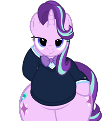 Size: 5600x6435 | Tagged: safe, artist:mrvector, starlight glimmer, pony, unicorn, g4, absurd resolution, belly, bipedal, both cutie marks, bottom heavy, bowtie, butt, chubby, clothes, cute, female, glimmer glutes, glimmerbetes, hoof on hip, large butt, lidded eyes, looking at you, mare, plot, plump, simple background, smiling, solo, suit, the ass was fat, transparent background, vector, wide hips