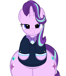 Size: 5600x6435 | Tagged: safe, alternate version, artist:mrvector, starlight glimmer, pony, unicorn, g4, absurd resolution, belly, bipedal, both cutie marks, bottom heavy, bowtie, butt, chubby, clothes, cute, female, glimmer glutes, glimmerbetes, large butt, lidded eyes, looking at you, mare, plot, plump, simple background, smiling, solo, suit, the ass was fat, transparent background, vector, wide hips