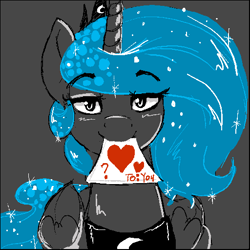 Size: 512x512 | Tagged: safe, artist:thelunarmoon, princess luna, pony, g4, card, different strokes, gray background, mouth hold, simple background, solo