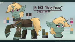 Size: 2700x1500 | Tagged: safe, artist:sinrinf, oc, oc only, oc:e4-533, oc:easy peasy, pony, unicorn, fallout equestria, clothes, commission, female, foe adventures, horn, mare, reference sheet, solo, synth, unicorn oc, ych result