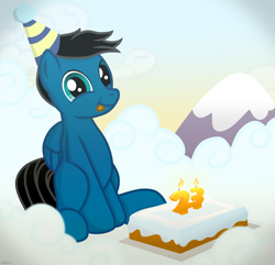 Size: 6860x6600 | Tagged: safe, artist:agkandphotomaker2000, oc, oc only, oc:pony video maker, pegasus, pony, birthday, birthday cake, cake, candle, cloud, folded wings, food, hat, looking at you, mountain, party hat, pegasus oc, show accurate, sitting, tongue out, wings