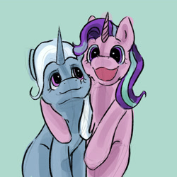 Size: 2048x2048 | Tagged: safe, artist:nuclearspaghetti, starlight glimmer, trixie, pony, unicorn, g4, arm on shoulder, female, green background, high res, hug, lesbian, open mouth, open smile, ship:startrix, shipping, simple background, smiling