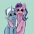 Size: 2048x2048 | Tagged: safe, artist:nuclearspaghetti, starlight glimmer, trixie, pony, unicorn, g4, arm on shoulder, female, green background, high res, hug, lesbian, open mouth, open smile, ship:startrix, shipping, simple background, smiling