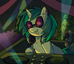 Size: 2376x2071 | Tagged: safe, artist:lawldog, dj pon-3, octavia melody, vinyl scratch, earth pony, pony, unicorn, g4, concert, crowd, cute, female, high res, mare, party, rave, solo focus, turntable, vinylbetes