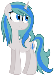 Size: 983x1357 | Tagged: safe, artist:technoponywardrobe, oc, oc only, oc:charity seashell, pony, unicorn, 2023 community collab, derpibooru community collaboration, blue eyes, cute, eyelashes, eyeshadow, female, full body, horn, makeup, simple background, smiling, solo, standing, tail, transparent background, two toned mane, two toned tail, unicorn oc, water droplet