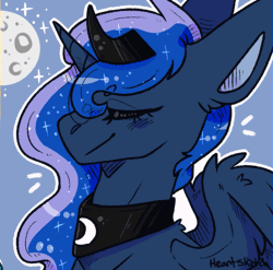 Size: 607x600 | Tagged: safe, artist:heart-sketch, princess luna, alicorn, pony, g4, animated, beanbrows, bust, crown, eyebrows, eyebrows visible through hair, eyes closed, female, frame by frame, gif, jewelry, mare, moon, night, portrait, regalia, signature, smiling, solo, sparkly mane, squigglevision, stars