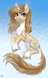 Size: 2000x3250 | Tagged: safe, alternate version, artist:hakaina, oc, oc only, oc:hakaina, pony, unicorn, abstract background, beautiful, belly, cheek fluff, chest fluff, coat markings, colored, colored belly, concave belly, curved horn, cute, ear fluff, eyebrows, eyelashes, facial markings, female, fluffy, high res, hoof fluff, horn, leg fluff, leonine tail, long tail, looking at you, mare, ocbetes, pale belly, raised hooves, shading, signature, slender, smiling, smiling at you, socks (coat markings), solo, tail, tail fluff, thin, three quarter view, unicorn oc, unshorn fetlocks