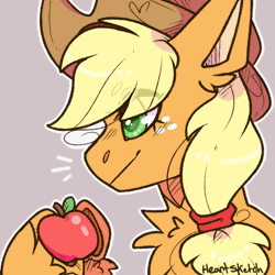 Size: 1000x1000 | Tagged: safe, artist:heart-sketch, applejack, earth pony, pony, g4, animated, apple, applejack's hat, beanbrows, bust, chest fluff, cowboy hat, eye clipping through hair, eyebrows, eyebrows visible through hair, female, food, frame by frame, gif, hat, mare, portrait, signature, simple background, smiling, solo, squigglevision