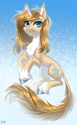 Size: 2000x3250 | Tagged: safe, artist:hakaina, oc, oc only, oc:hakaina, pony, unicorn, abstract background, beautiful, belly, cheek fluff, chest fluff, coat markings, colored, colored belly, concave belly, curved horn, cute, ear fluff, eyebrows, eyelashes, facial markings, female, fluffy, high res, hoof fluff, horn, leg fluff, leonine tail, long tail, looking at you, mare, ocbetes, pale belly, raised hooves, shading, signature, slender, smiling, smiling at you, socks (coat markings), solo, tail, tail fluff, thin, three quarter view, unicorn oc, unshorn fetlocks