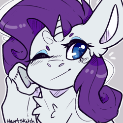 Size: 1000x1000 | Tagged: safe, artist:heart-sketch, rarity, pony, unicorn, g4, animated, beanbrows, bust, chest fluff, eyebrows, female, frame by frame, gif, hoof on cheek, mare, one eye closed, portrait, signature, simple background, smiling, solo, squigglevision, wink