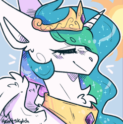 Size: 594x600 | Tagged: safe, artist:heart-sketch, princess celestia, alicorn, pony, g4, animated, beanbrows, bust, crown, eyebrows, eyebrows visible through hair, eyes closed, female, frame by frame, gif, jewelry, mare, portrait, regalia, signature, smiling, solo, squigglevision, sun