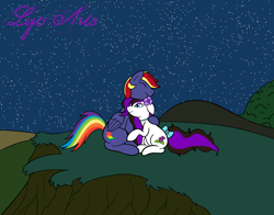 Size: 2494x1958 | Tagged: safe, artist:linedraweer, oc, oc only, oc:flora, oc:rainbow lightspeed, earth pony, pegasus, pony, crying, cuddling, earth pony oc, folded wings, hug, night, pegasus oc, stars, wings