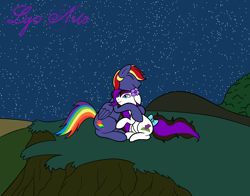 Size: 2494x1958 | Tagged: safe, artist:linedraweer, oc, oc only, oc:flora, oc:rainbow lightspeed, earth pony, pegasus, pony, crying, cuddling, earth pony oc, folded wings, hug, night, pegasus oc, stars, wings