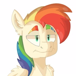 Size: 1600x1600 | Tagged: safe, artist:bubblecalf, oc, oc only, oc:shooting star, pegasus, pony, flight of the valkyrie, the tale of two sisters, bust, ear fluff, eyebrow slit, eyebrows, multicolored hair, pegasus oc, rainbow hair, simple background, solo, white background, wing fluff, wings