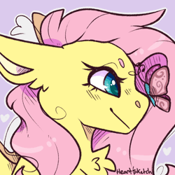 Size: 1000x1000 | Tagged: safe, artist:heart-sketch, fluttershy, butterfly, pegasus, pony, g4, animated, beanbrows, bust, butterfly on nose, chest fluff, eyebrows, female, floppy ears, frame by frame, gif, heart, insect on nose, looking at something, mare, outline, pink background, portrait, profile, signature, simple background, smiling, solo, squigglevision