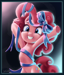 Size: 1700x2000 | Tagged: safe, artist:justgaduh, pinkie pie, earth pony, pony, bipedal, bow, cute, diapinkes, female, grin, hooves in air, looking at you, mare, outstretched arms, ribbon, signature, smiling, smiling at you, solo