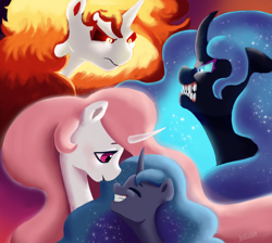 Size: 1900x1700 | Tagged: safe, artist:justgaduh, daybreaker, nightmare moon, princess celestia, princess luna, g4, angry, duality, ethereal mane, eyes closed, female, filly, foal, grin, looking at each other, looking at someone, mane of fire, mare, pink-mane celestia, royal sisters, scowl, sharp teeth, siblings, signature, sisters, smiling, teeth, woona, younger
