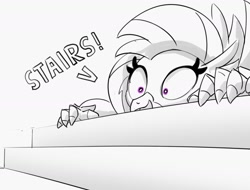 Size: 1427x1086 | Tagged: safe, artist:pabbley, silverstream, classical hippogriff, hippogriff, g4, cute, diastreamies, female, grayscale, irrational exuberance, monochrome, partial color, simple background, smiling, solo, stairs, that hippogriff sure does love stairs, white background