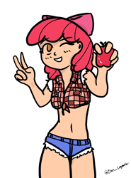 Size: 1077x1456 | Tagged: safe, artist:zan logemlor, apple bloom, human, g4, belly button, clothes, daisy dukes, flannel, front knot midriff, humanized, midriff, one eye closed, peace sign, shorts, simple background, smiling, solo, white background, wink