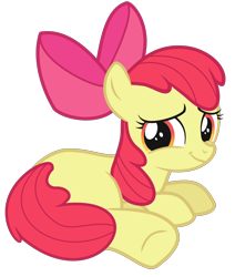 Size: 4512x5328 | Tagged: safe, artist:parfait, editor:saru, apple bloom, earth pony, pony, g4, female, filly, foal, looking at you, looking back, lying down, show accurate, simple background, smiling, solo, transparent background
