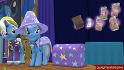 Size: 1920x1080 | Tagged: safe, artist:zapattackinflation, jack pot, trixie, earth pony, pony, series:trixie's eggnog trick, g4, 3d, bag, cape, clothes, devious smile, duo, eggnog, father and child, father and daughter, female, glass, hat, magic, male, poster, sequence, source filmmaker, stage, table, telekinesis, trixie's cape, trixie's hat, trixie's wagon, wagon, watermark