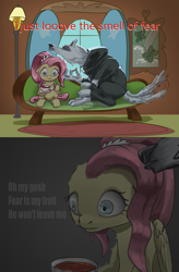 Size: 2144x3268 | Tagged: safe, artist:ciborgen, fluttershy, pegasus, pony, wolf, anthro, digitigrade anthro, comic:fluttershy and her problem with death, g4, creepy, crossover, cup, death (puss in boots), dialogue, dreamworks, duo, female, fluttershy's cottage, grim reaper, high res, male, mare, older, older fluttershy, puss in boots: the last wish, shrek, tail, tail wag, teacup, this will end in death, this will end in tears, this will end in tears and/or death, this will not end well