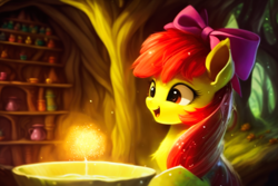 Size: 1536x1024 | Tagged: safe, ai assisted, ai content, artist:zealousmagician, generator:purplesmart.ai, generator:stable diffusion, apple bloom, earth pony, pony, g4, apple bloom's bow, blurry background, bow, everfree forest, female, hair bow, happy, indoors, mare, open mouth, open smile, potion, potion making, smiling, solo