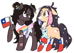 Size: 1496x1080 | Tagged: safe, artist:metaruscarlet, oc, oc only, oc:isla sun, oc:violetta, earth pony, pony, rabbit, 2023 community collab, derpibooru community collaboration, animal, chile, clothes, dress, duo, ear piercing, earring, earth pony oc, female, flag, jewelry, looking at each other, looking at someone, mare, markings, multicolored hair, necklace, piercing, plushie, ponified, ponified oc, raised hoof, simple background, socks, stockings, tattoo, thigh highs, toy, transparent background