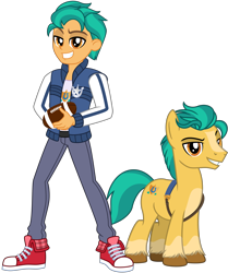 Size: 9095x10866 | Tagged: safe, artist:emeraldblast63, hitch trailblazer, earth pony, human, pony, equestria girls, g4, g5, absurd resolution, american football, badge, blaze (coat marking), clothes, coat markings, cocky, confident, converse, equestria girls-ified, facial markings, football, g5 to equestria girls, g5 to g4, generation leap, grin, human ponidox, jacket, jock, male, pale belly, pants, self paradox, self ponidox, shoes, simple background, smiling, smirk, sneakers, socks (coat markings), sports, stallion, transparent background, unshorn fetlocks, varsity jacket