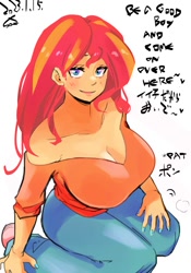 Size: 1400x2000 | Tagged: safe, artist:sozglitch, sunset shimmer, human, equestria girls, g4, big breasts, bilingual, breasts, busty sunset shimmer, cleavage, clothes, denim, english, heart, huge breasts, japanese, jeans, kneeling, looking at you, off shoulder, pants, simple background, smiling, smiling at you, solo, talking to viewer, white background